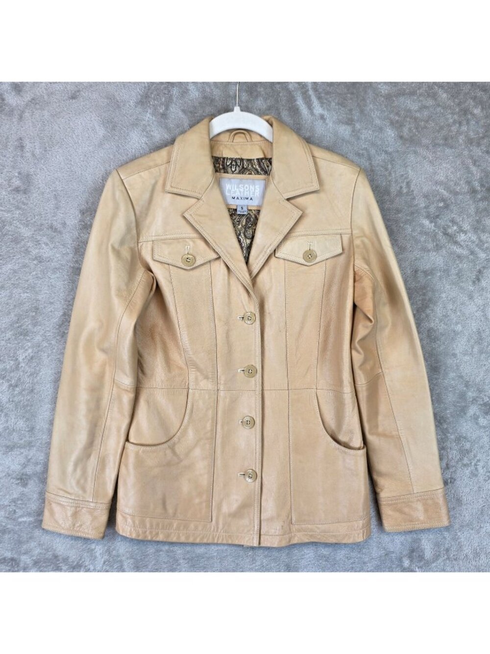 Vintage Wilsons Leather Maxima Jacket Womens S Beige Leather Button Front